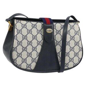 GUCCI GG Supreme Sherry Line Shoulder Bag PVC Navy Gold 10 02 024 Auth 156423
